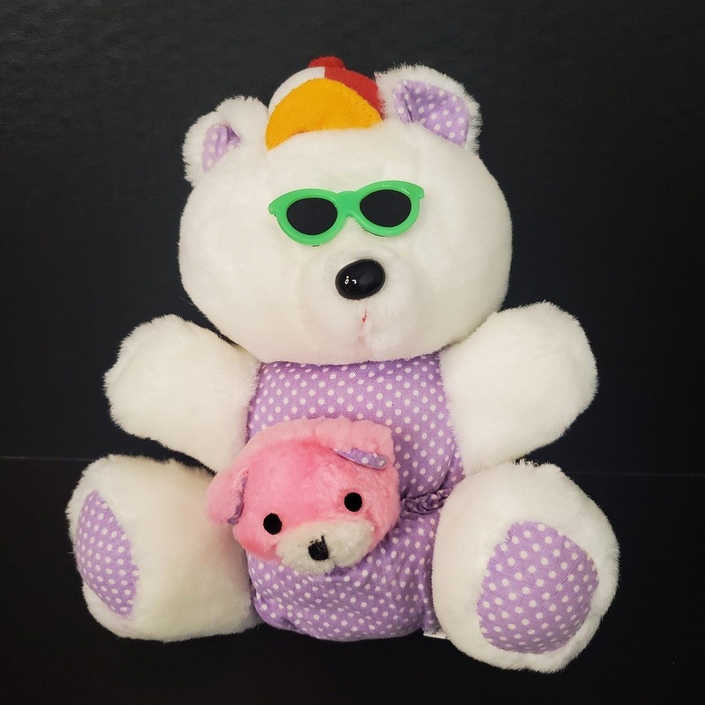 Vtg Purple Body White Teddy Bear Polka Dots W/Sunglasses Pink Baby In Pouch